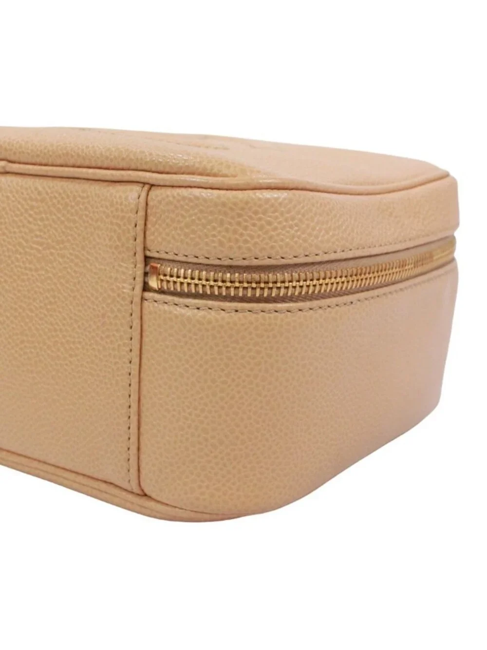 Chanel CC Logo Vanity Bag Caviar Leather Beige Handbag Gold